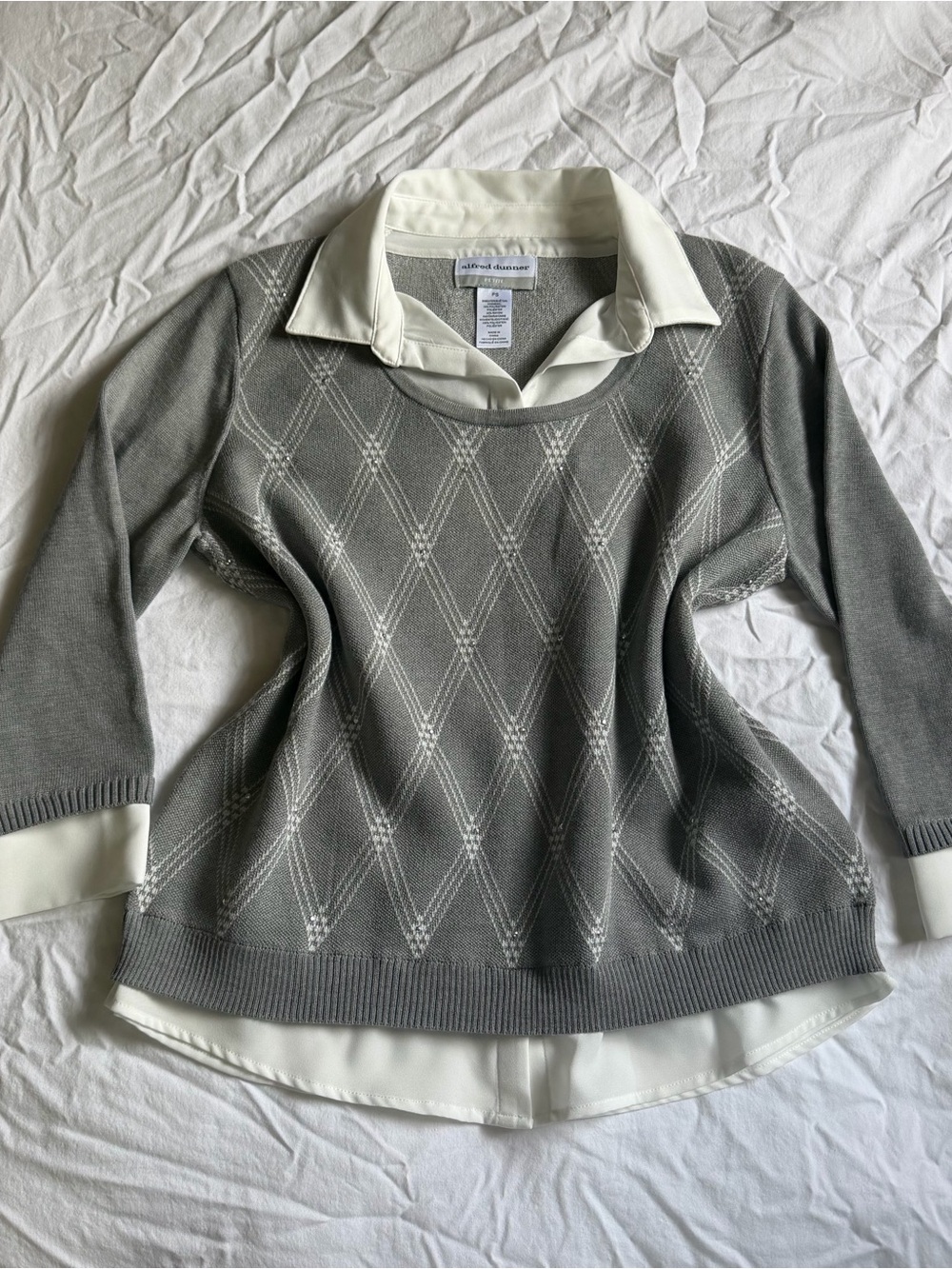 Alfred Dunner Petite PS Gray & White Argyle Collared Pullover Sweater Rhinestone